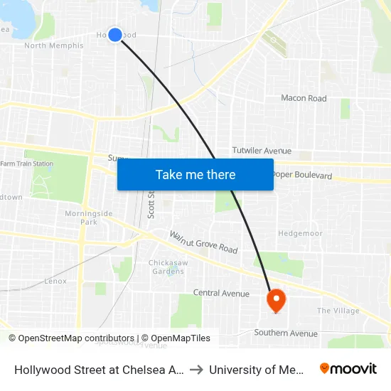 Hollywood Street at Chelsea Avenue to University of Memphis map