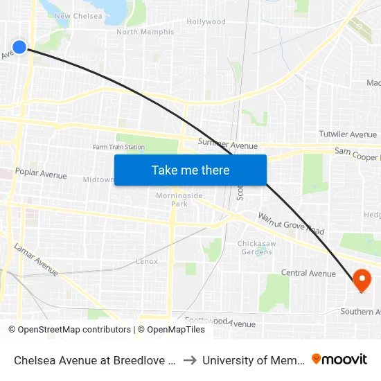 Chelsea Avenue at Breedlove Street to University of Memphis map