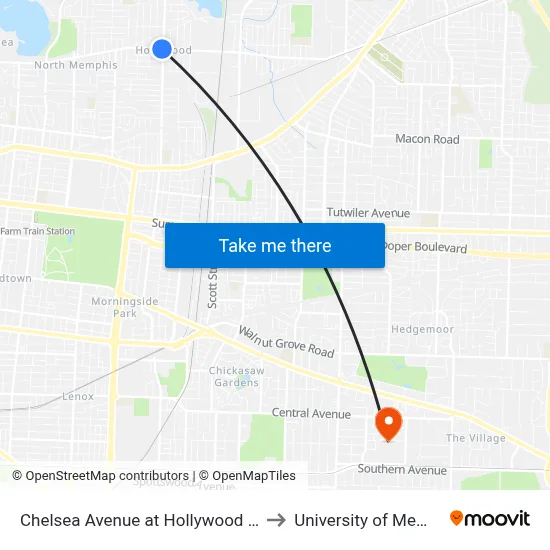 Chelsea Avenue at Hollywood Street to University of Memphis map