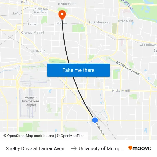Shelby Drive at Lamar Avenue to University of Memphis map