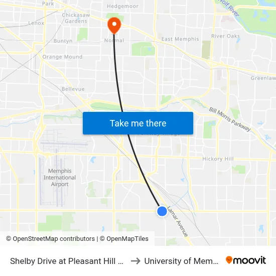 Shelby Drive at Pleasant Hill Road to University of Memphis map