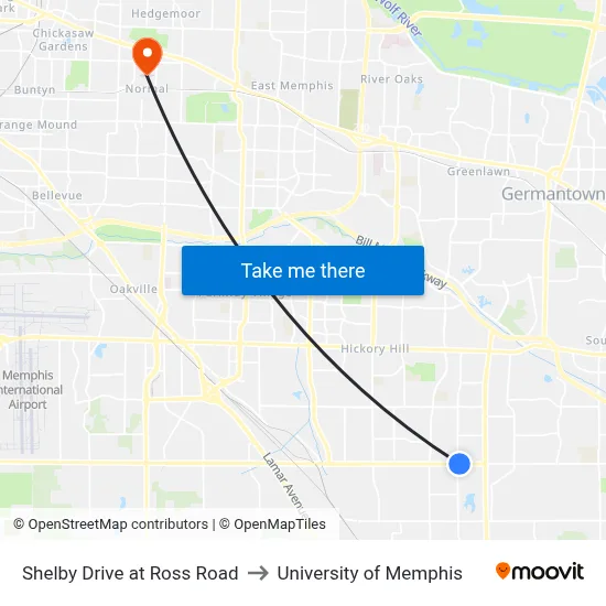 Shelby Drive at Ross Road to University of Memphis map