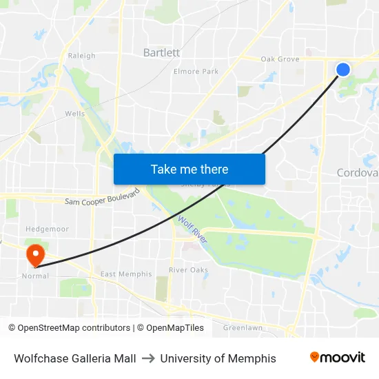 Wolfchase Galleria Mall to University of Memphis map