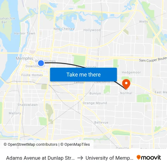 Adams Avenue at Dunlap Street to University of Memphis map