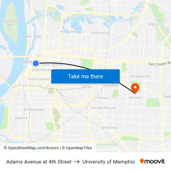 Adams Avenue at 4th Street to University of Memphis map