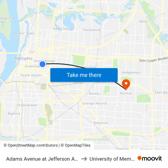 Adams Avenue at Jefferson Avenue to University of Memphis map