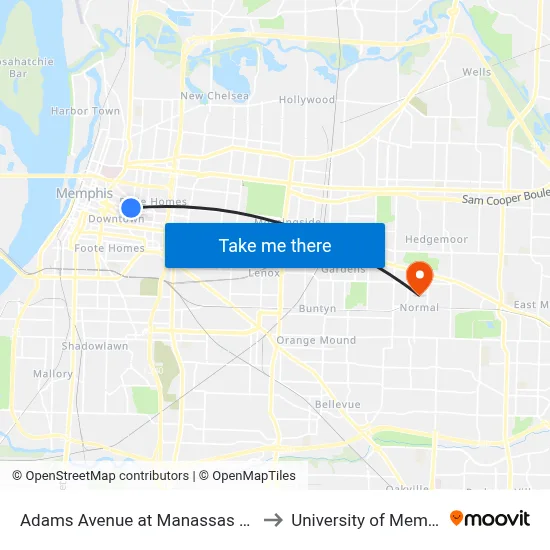 Adams Avenue at Manassas Street to University of Memphis map