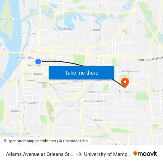 Adams Avenue at Orleans Street to University of Memphis map