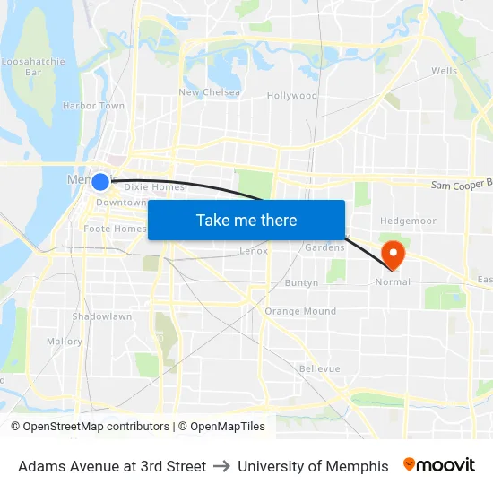 Adams Avenue at 3rd Street to University of Memphis map