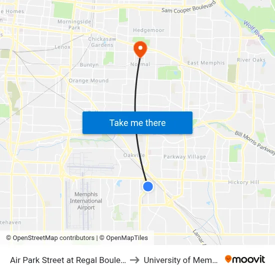 Air Park Street at Regal Boulevard to University of Memphis map
