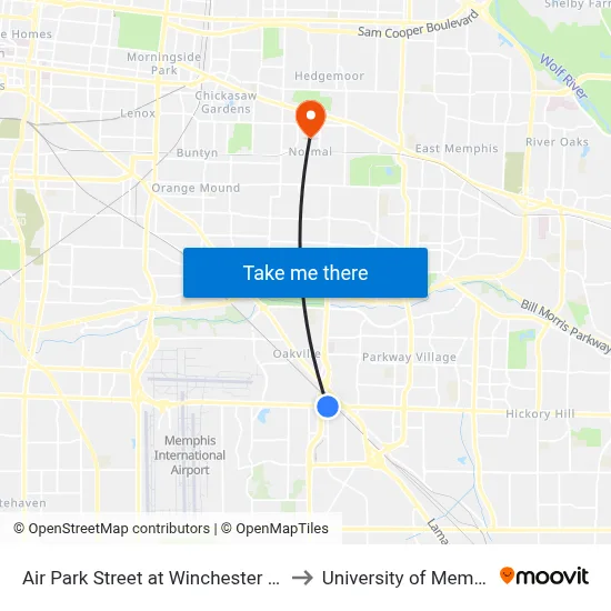Air Park Street at Winchester Road to University of Memphis map