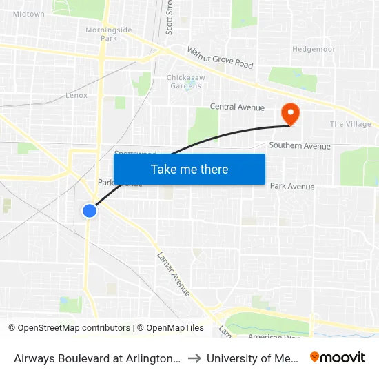 Airways Boulevard at Arlington Avenue to University of Memphis map