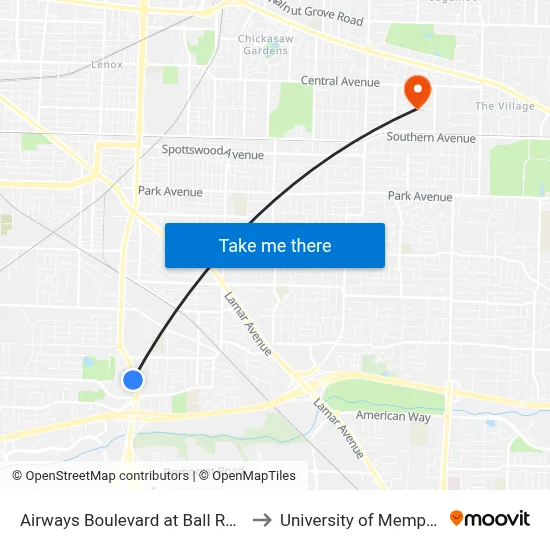 Airways Boulevard at Ball Road to University of Memphis map
