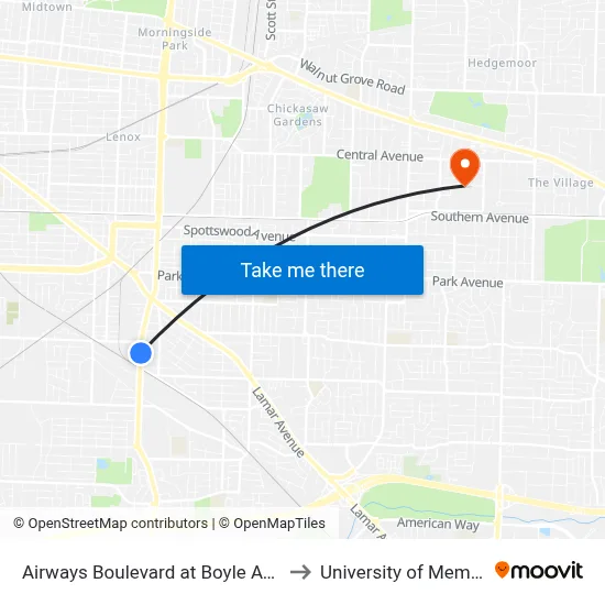 Airways Boulevard at Boyle Avenue to University of Memphis map