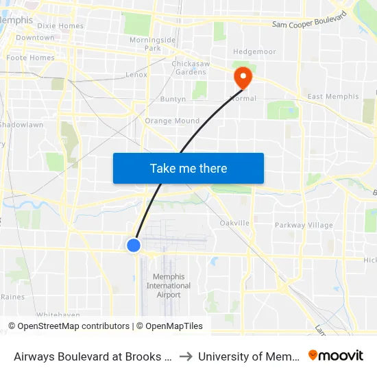 Airways Boulevard at Brooks Road to University of Memphis map