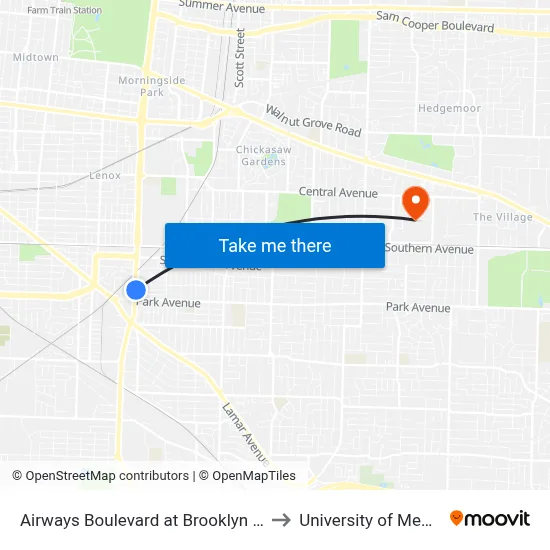 Airways Boulevard at Brooklyn Avenue to University of Memphis map