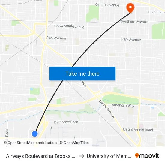 Airways Boulevard at Brooks Road to University of Memphis map