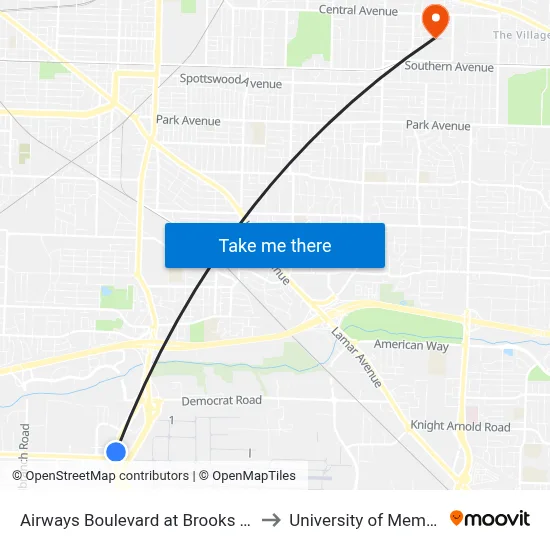 Airways Boulevard at Brooks Road to University of Memphis map