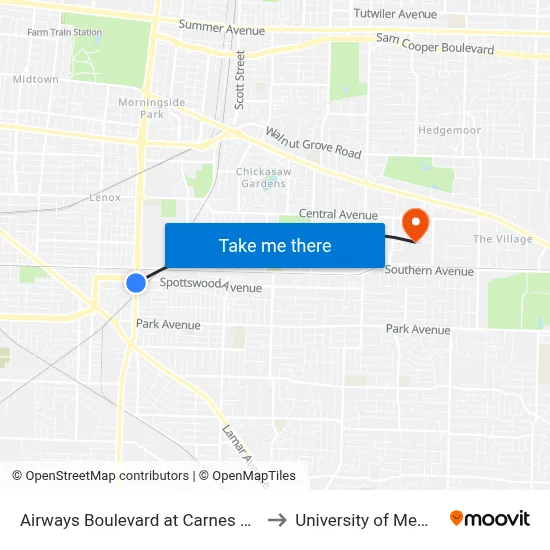 Airways Boulevard at Carnes Avenue to University of Memphis map