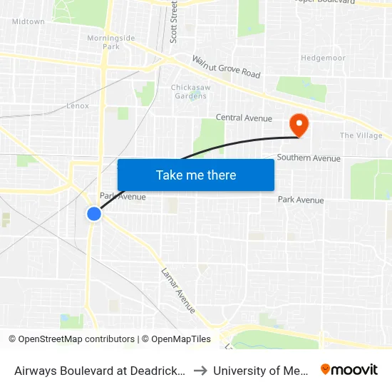 Airways Boulevard at Deadrick Avenue to University of Memphis map