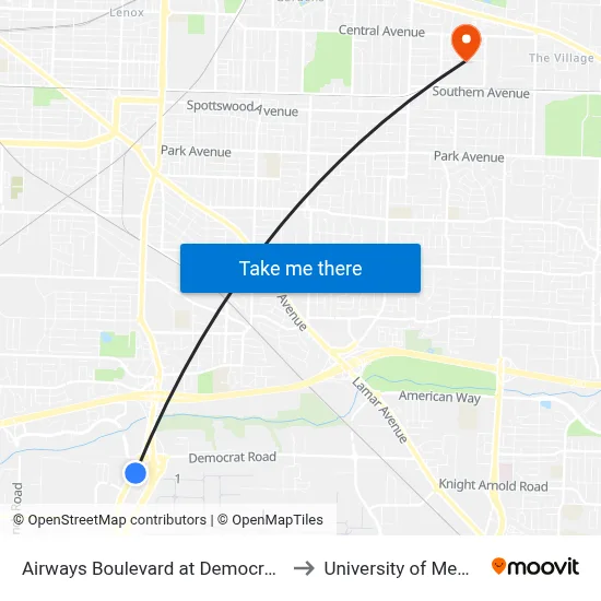 Airways Boulevard at Democrat Road to University of Memphis map