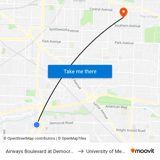 Airways Boulevard at Democrat Road to University of Memphis map