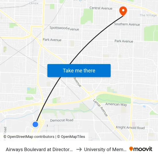 Airways Boulevard at Directors Row to University of Memphis map