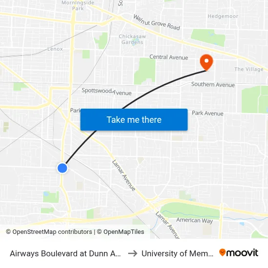 Airways Boulevard at Dunn Avenue to University of Memphis map
