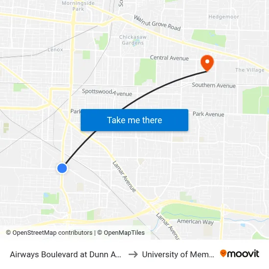 Airways Boulevard at Dunn Avenue to University of Memphis map