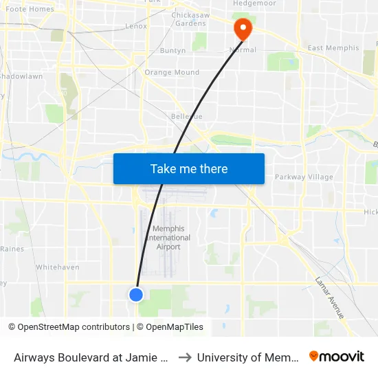 Airways Boulevard at Jamie Drive to University of Memphis map