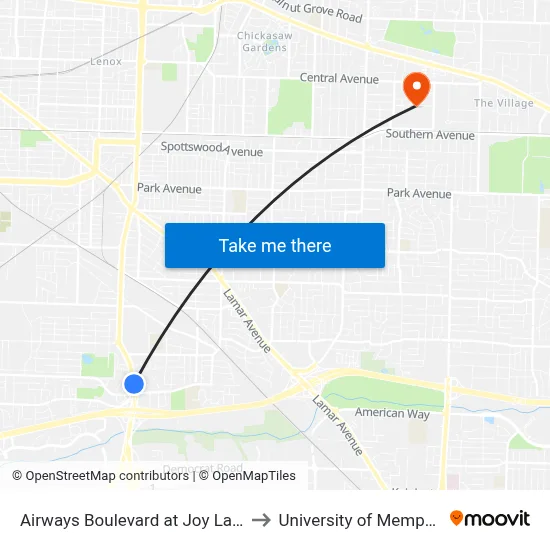 Airways Boulevard at Joy Lane to University of Memphis map