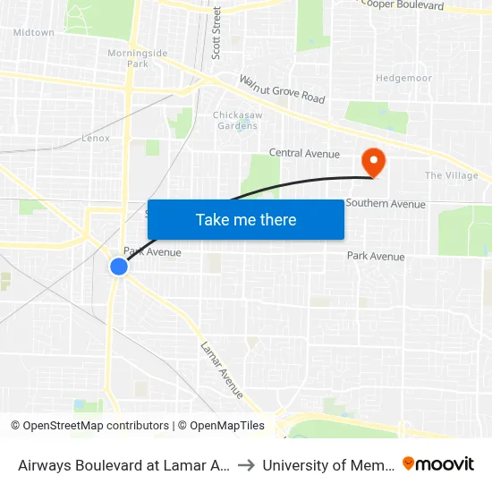 Airways Boulevard at Lamar Avenue to University of Memphis map