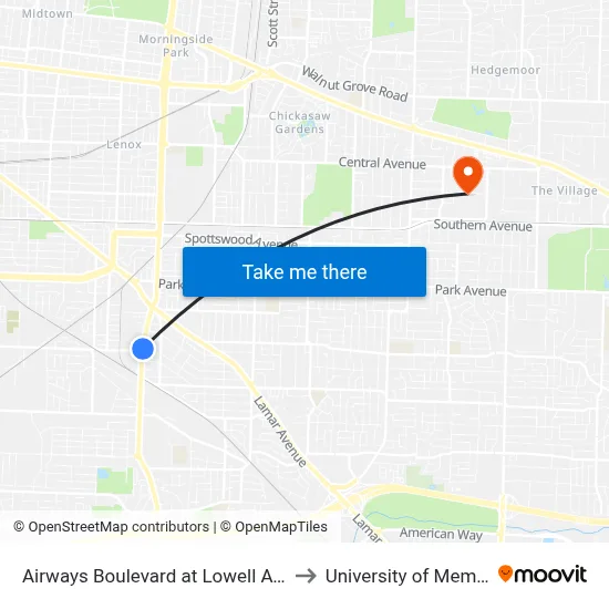 Airways Boulevard at Lowell Avenue to University of Memphis map