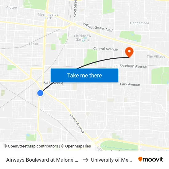 Airways Boulevard at Malone Avenue to University of Memphis map