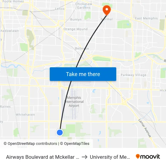 Airways Boulevard at Mckellar Woods to University of Memphis map