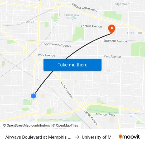 Airways Boulevard at Memphis Depot Pkwy to University of Memphis map