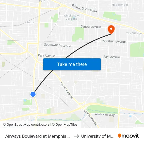 Airways Boulevard at Memphis Depot Pkwy to University of Memphis map
