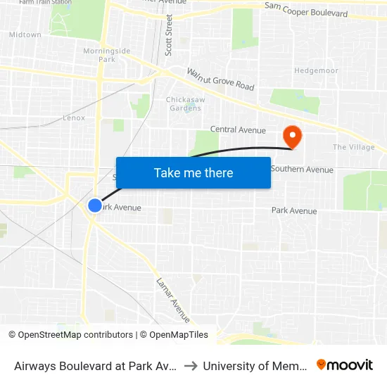 Airways Boulevard at Park Avenue to University of Memphis map