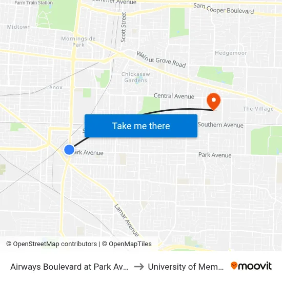 Airways Boulevard at Park Avenue to University of Memphis map