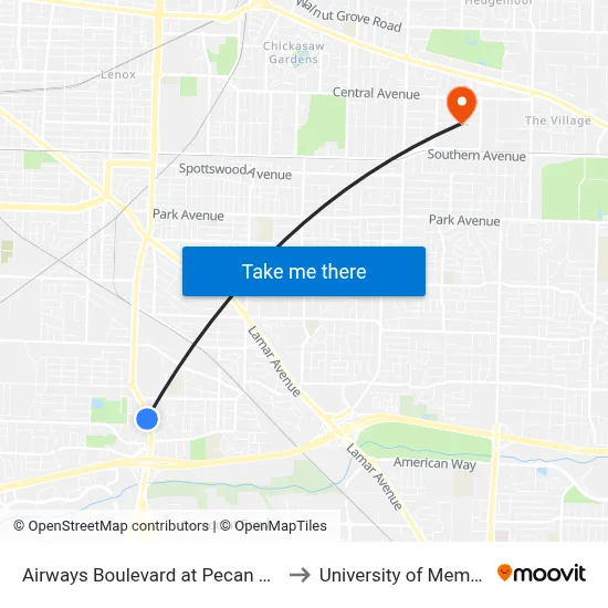 Airways Boulevard at Pecan Circle to University of Memphis map