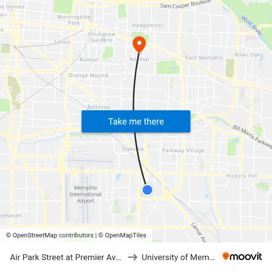 Air Park Street at Premier Avenue to University of Memphis map