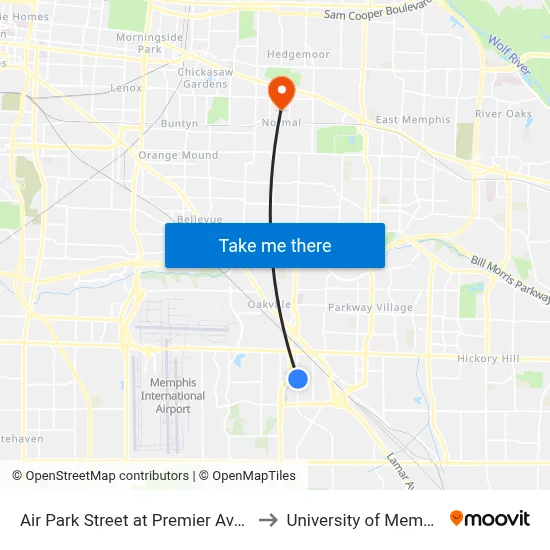 Air Park Street at Premier Avenue to University of Memphis map