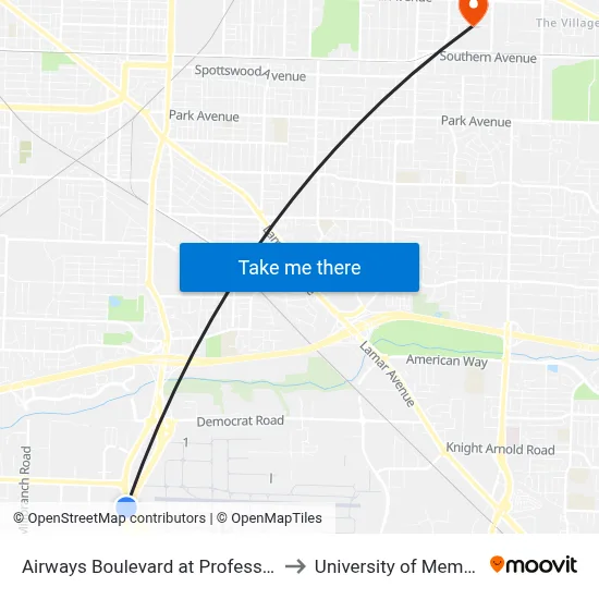 Airways Boulevard at Professional to University of Memphis map