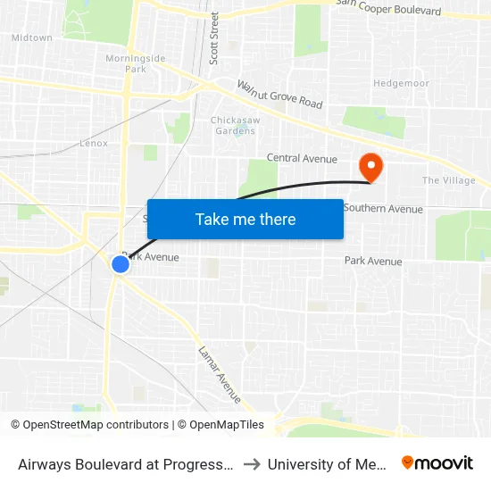 Airways Boulevard at Progress Avenue to University of Memphis map