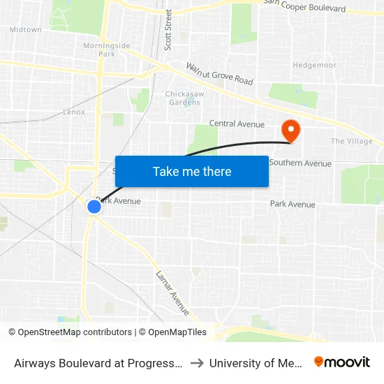 Airways Boulevard at Progress Avenue to University of Memphis map