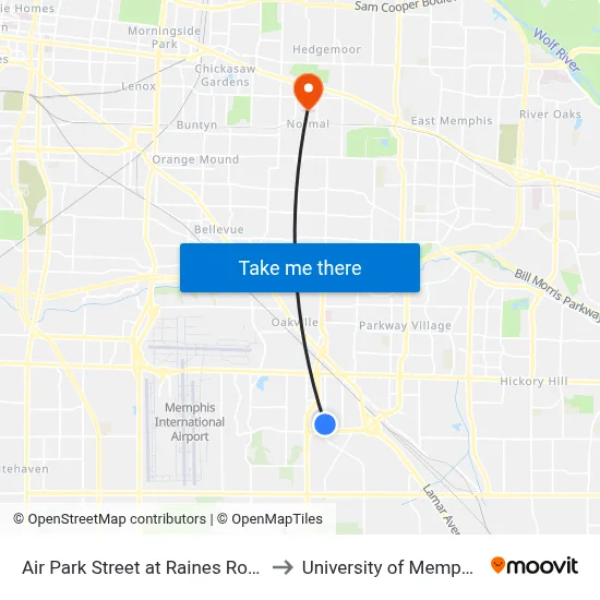Air Park Street at Raines Road to University of Memphis map