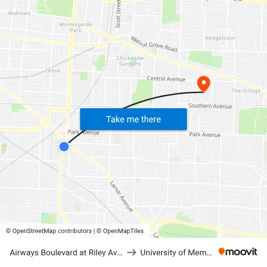 Airways Boulevard at Riley Avenue to University of Memphis map