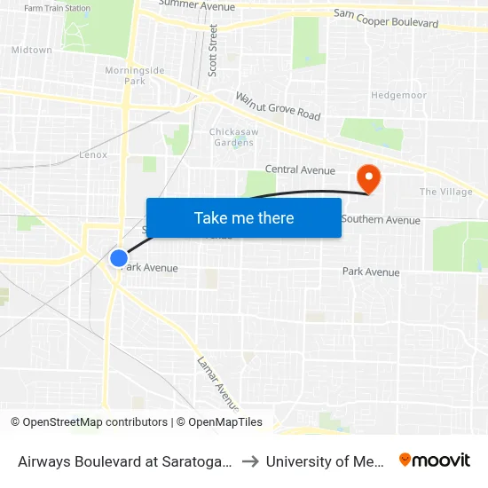 Airways Boulevard at Saratoga Avenue to University of Memphis map