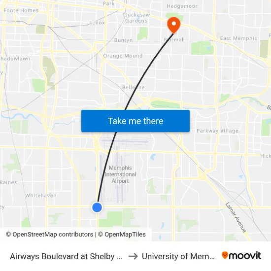 Airways Boulevard at Shelby Drive to University of Memphis map
