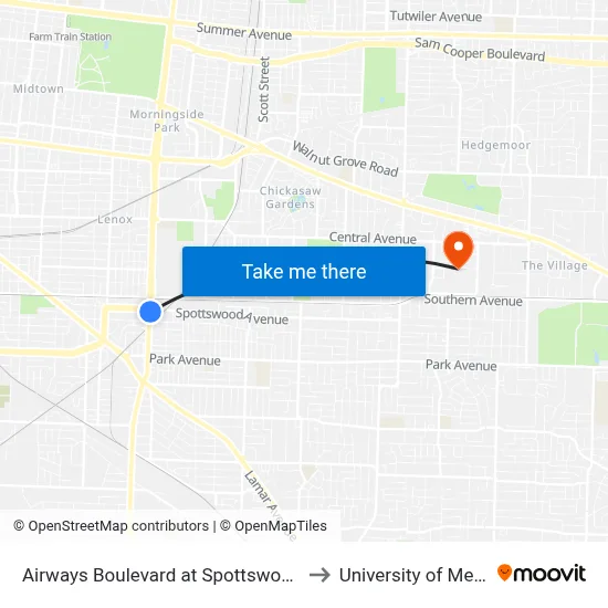 Airways Boulevard at Spottswood Avenue to University of Memphis map
